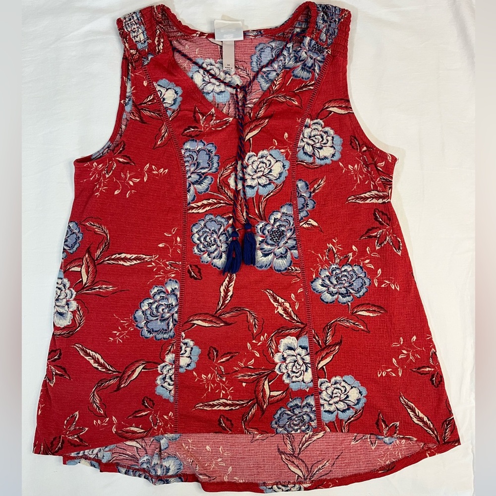 Knox Rose Red Blue Boho Sleeveless Floral Tassel Flowy Top Blouse Women’s Medium